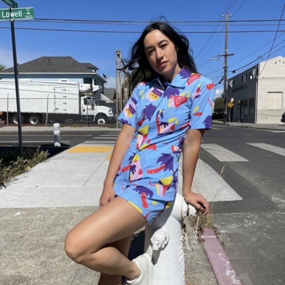 Nooworks Shortalls Snacks Blue Romper Short Outfit Tropical...